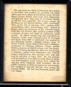 Framed Times newspaper account of the death of Maj
