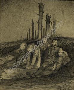 Wounded soldiers in shell hole. - Sketch made by