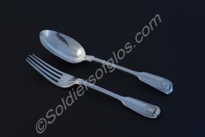 Silver table fork and spoon, shell pattern, engrav