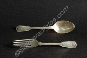 Silver plated table fork and spoon, shell pattern,