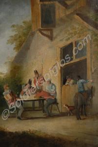 Oil painting depicting three privates and a sergea