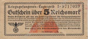 5 Reichsmark note. 'Lager Geld' currency  issued t