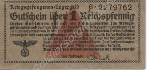 1 Reichspfennig note. 'Lager Geld' currency  issue