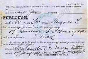 Furlough Pass for Pte. Frederick Edward Haynes, fr