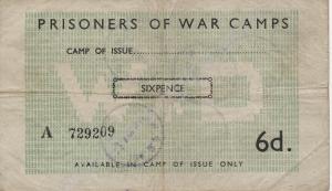 P.O.W.  paper currency. Sixpence (obverse). Issued