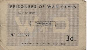 P.O.W.  paper currency. Threepence (obverse). Issu
