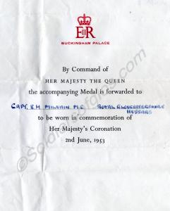 Letter accompanying Queen Elizabeth Coronation Med