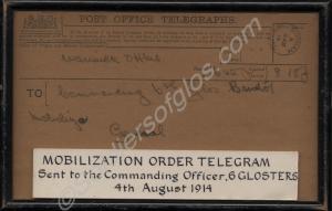 Framed mobilisation order telegram sent to 6th (Te