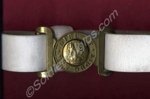 White buff leather waist belt with brass, worn by