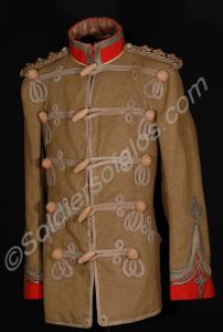 Khaki frogged tunic with red collar.  Captain D.L.