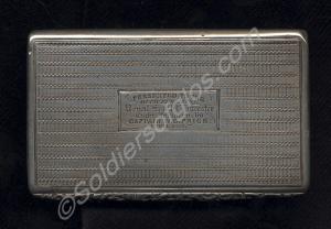 Silver cigarette box, inscribed 'Presented to the