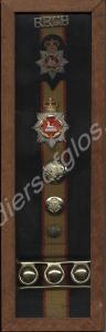 Framed stable belt, badges and buttons of the prop