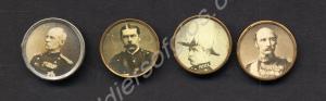 Four small pin-on badges showing photographs of fo