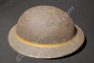 Steel helmet with painted yellow band and a leathe