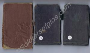 Three notebooks, one in khaki cavas wallet. Contai