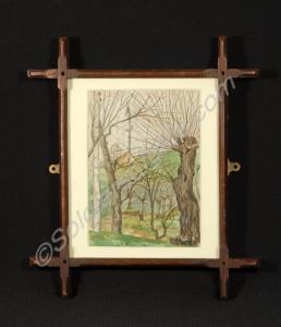 Watercolour painting showing a wooded landscape wi
