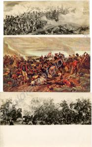 Three postcards showing pictures of battle scenes.