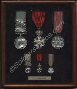 Two groups of three medals; Crimea Medal with clas