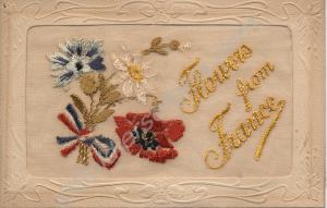 Two embroidered silk postcards, "Flowers from Fran