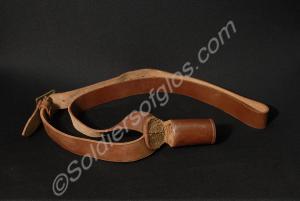 Brown leather belt with bucket for supporting a fl