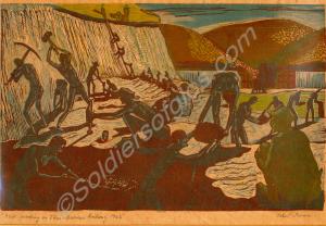 Linocut by John G. Mennie  depicting P.O.W.'s work