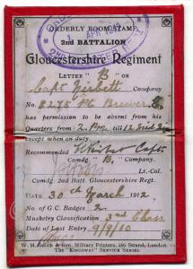 Permanent Pass. 8275 Private Ernest Brewer. "B" Co