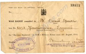 Silver War Badge Award Certificate. 8275 Private E