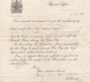 Letter accompanying medals awarded to 26183 Privat