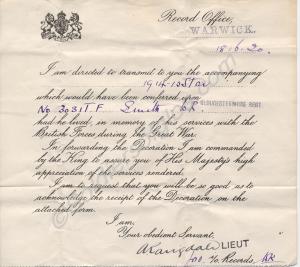 Notification of award of 1914-15 Star to 3031 Lanc