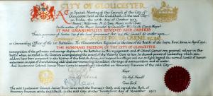 Framed illuminated scroll conferring the Freedom o