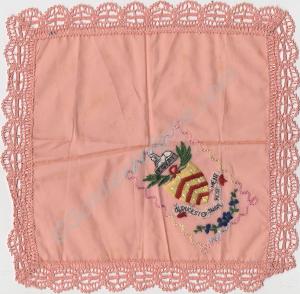 Pink embroidered silk table mat. Gloucestershire R