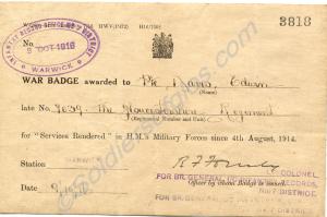 Silver War Badge Certificate. 7039 Private Edwin D