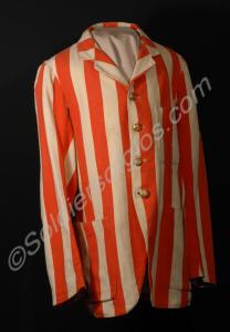 Rugby blazer with red and cream stripes worn by Li