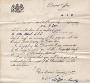 Letter accompanying the award of the 1914/15 Star.