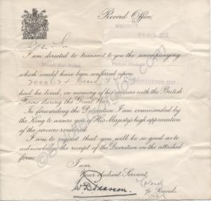 Letter accompanying the award of the British War M