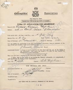 Membership application for Old Contemptibles Assoc