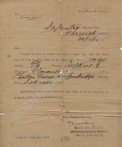 Sickness record dated 1914 of 1440 Private Ernest