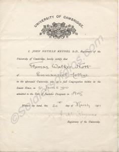 University of Cambridge Certificate belonging T.W.