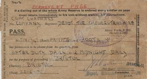 Permanent pass issued to 518174 Private W. Roots.