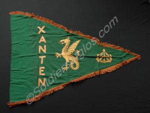 Green pennant with gold fringe, embroidered wyvern