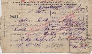 Travel Pass dated 1916. 13460 Private H. Close.  1