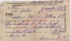 Travel Pass dated 1916. 22182 Private Alfred J. At