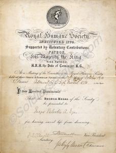 Royal Humane Society Certificate Bronze Award for