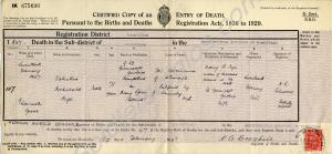 Death Certificate of Victor Archibald Nye.  1947.
