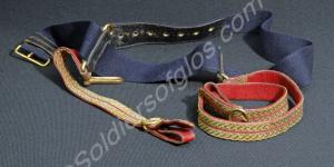 Blue cloth waist belt with gold and crimson sword
