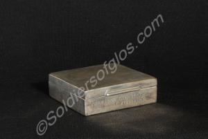 White metal square cigarette box with the inscript