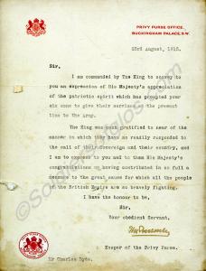 Letter from 'Privy Purse Office' of King George V