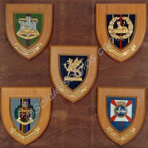 Collection of five wooden regimental plaques, show