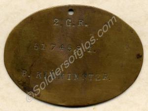 Brass bed label. Property of 5174581 Private B. Ki