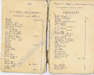 Black note book containing clothing equipment list